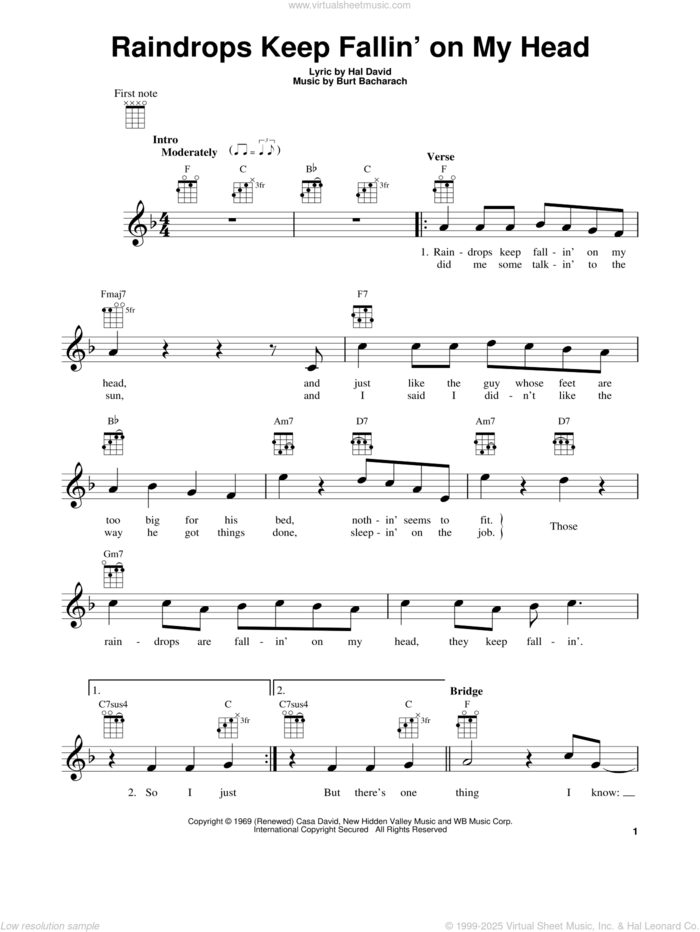 Raindrops Keep Fallin' On My Head sheet music for ukulele by B.J. Thomas, Burt Bacharach and Hal David, intermediate skill level