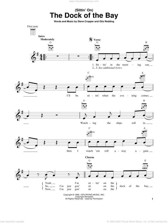 (Sittin' On) The Dock Of The Bay sheet music for ukulele by Otis Redding and Steve Cropper, intermediate skill level