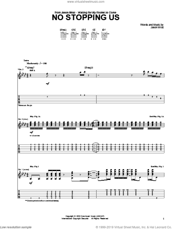 No Stopping Us sheet music for guitar (tablature) by Jason Mraz, intermediate skill level