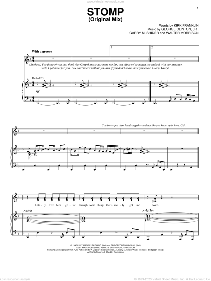 Stomp (Original Mix) sheet music for voice, piano or guitar by Kirk Franklin, Garry M. Shider, George Clinton, Jr. and Walter Morrison, intermediate skill level