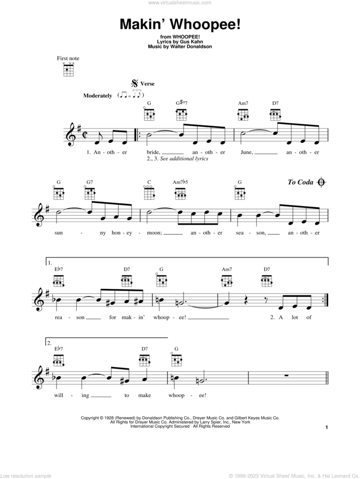 Makin' Whoopee! sheet music for ukulele by Harry Nilsson, John Hicks, Gus Kahn and Walter Donaldson, intermediate skill level