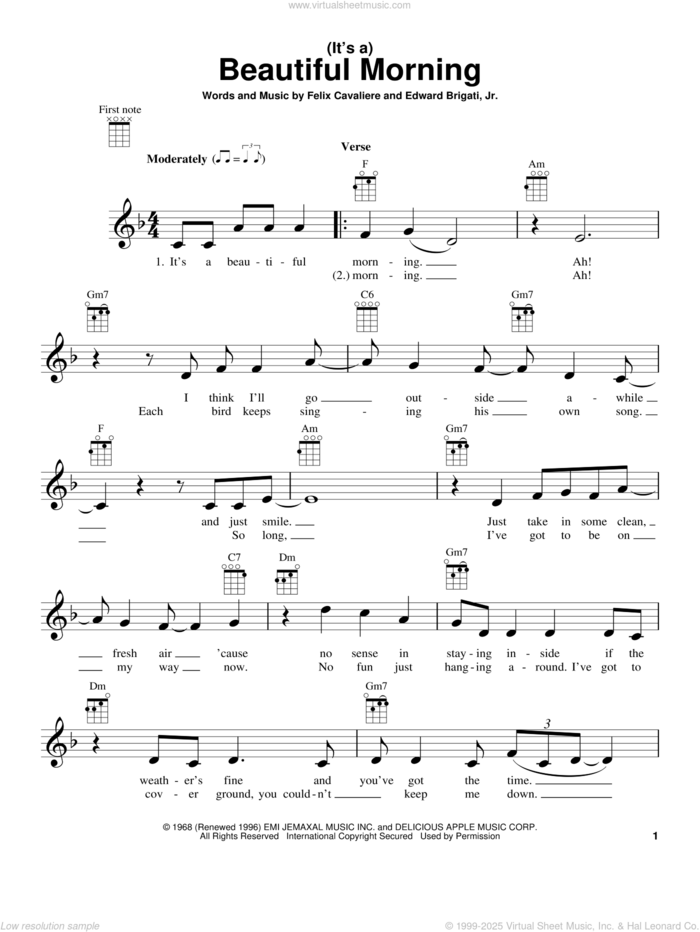 (It's A) Beautiful Morning sheet music for ukulele by The Rascals, Edward Brigati, Jr. and Felix Cavaliere, intermediate skill level