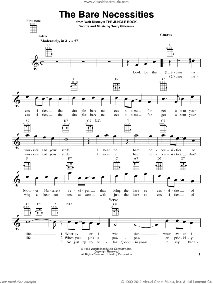 The Bare Necessities (from The Jungle Book) sheet music for ukulele by Terry Gilkyson, intermediate skill level