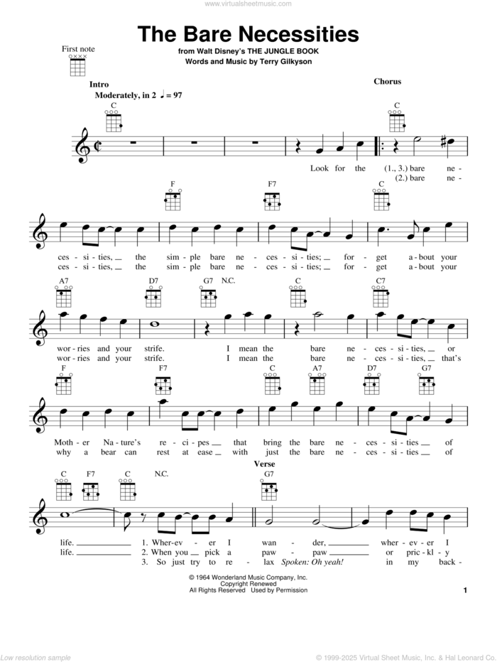 The Bare Necessities (from The Jungle Book) sheet music for ukulele by Terry Gilkyson, intermediate skill level