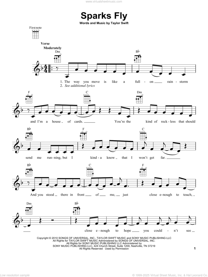 Sparks Fly sheet music for ukulele by Taylor Swift, intermediate skill level