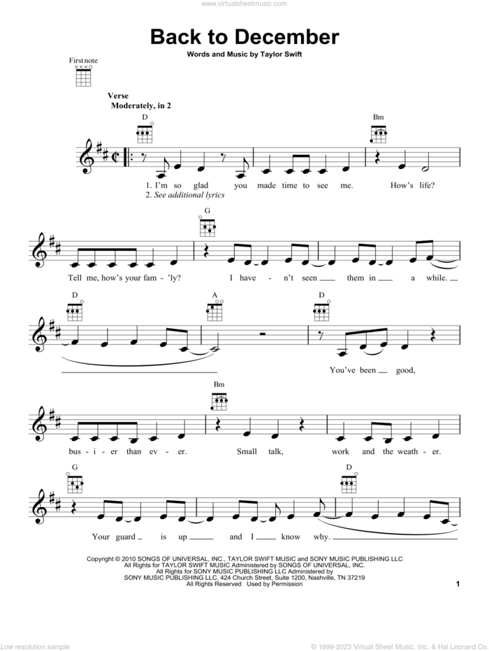 Back To December sheet music for ukulele by Taylor Swift, intermediate skill level