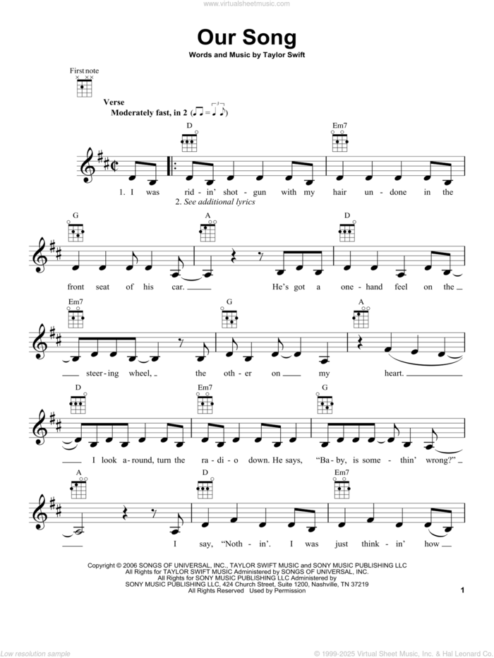 Our Song sheet music for ukulele by Taylor Swift, intermediate skill level