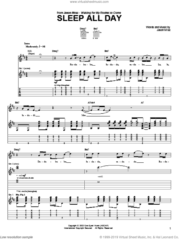 Sleep All Day sheet music for guitar (tablature) by Jason Mraz, intermediate skill level