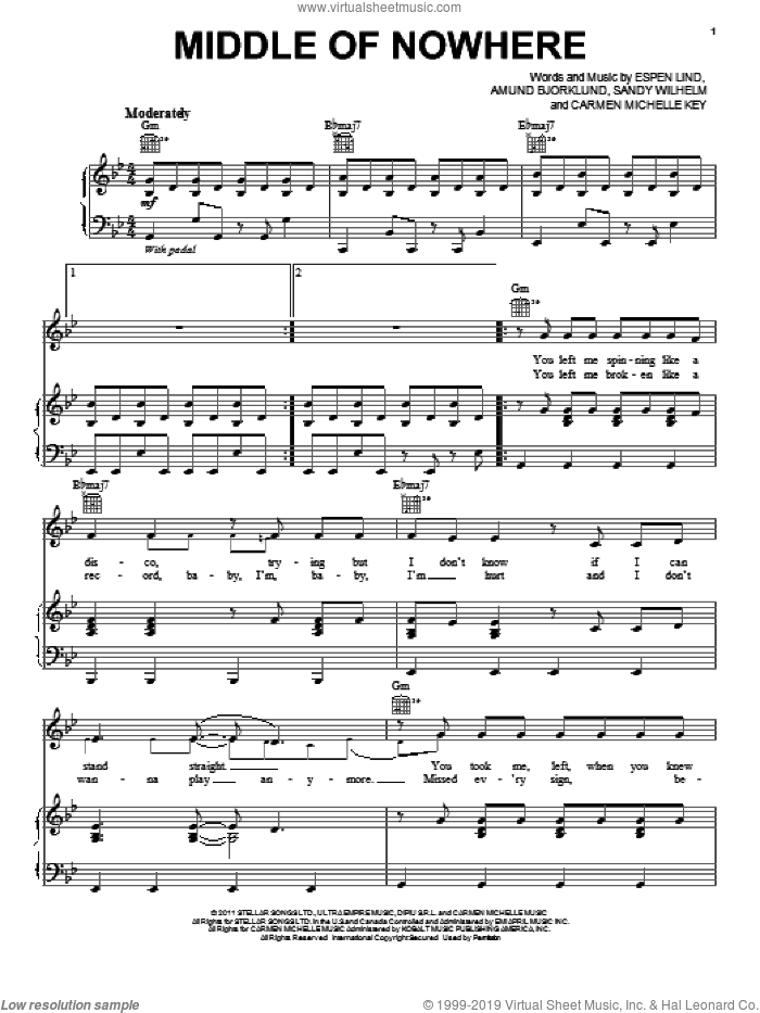 Middle Of Nowhere sheet music for voice, piano or guitar by Selena Gomez, Amund Bjorklund, Carmen Michelle Key, Espen Lind and Sandy Wilhelm, intermediate skill level