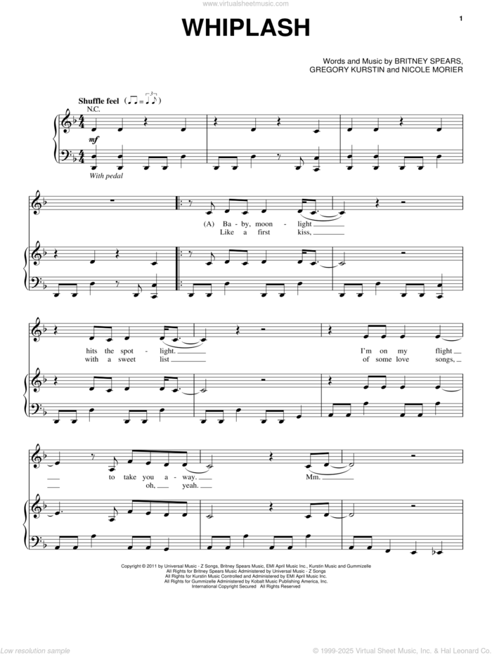 Whiplash sheet music for voice, piano or guitar by Selena Gomez, Britney Spears, Gregory Kurstin and Nicole Morier, intermediate skill level