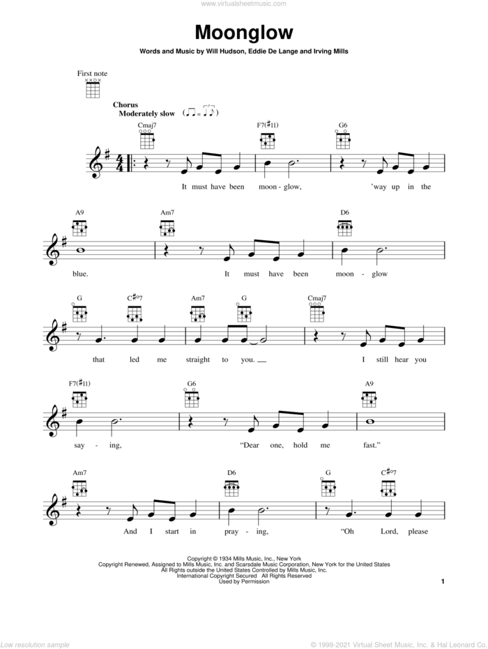 Moonglow sheet music for ukulele by Irving Mills, George Cates, Morris Stoloff and Will Hudson, intermediate skill level