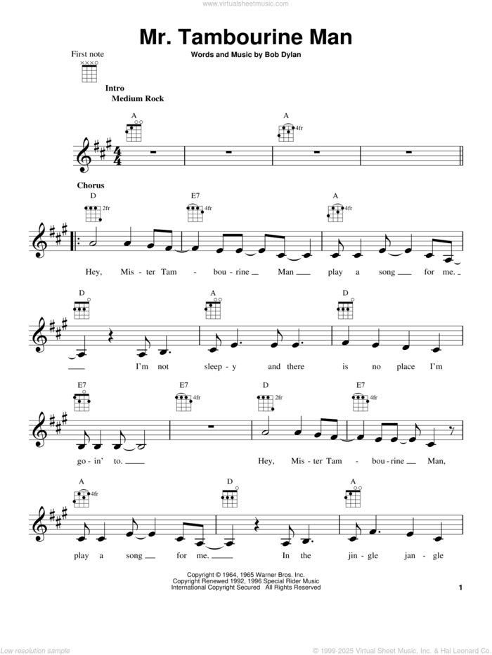 Mr. Tambourine Man sheet music for ukulele by Bob Dylan, intermediate skill level