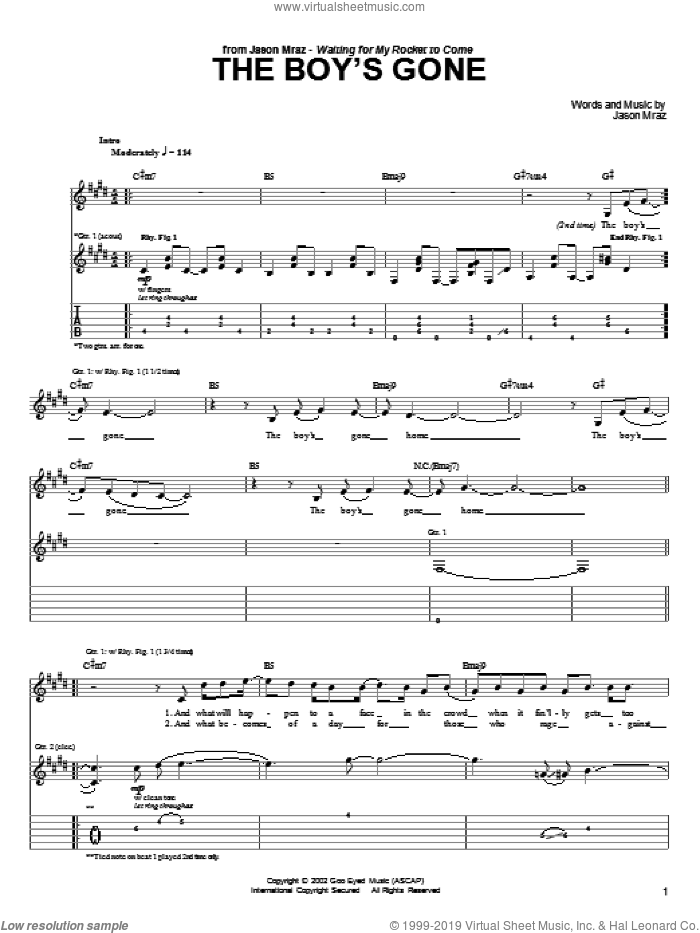 The Boy's Gone sheet music for guitar (tablature) by Jason Mraz, intermediate skill level