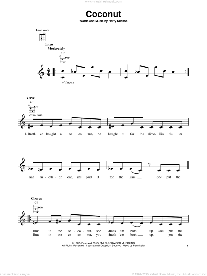 Coconut sheet music for ukulele by Harry Nilsson, intermediate skill level