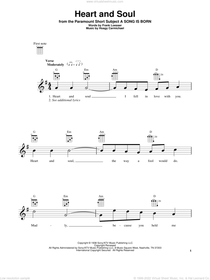 Heart And Soul sheet music for ukulele by Hoagy Carmichael and Frank Loesser, wedding score, intermediate skill level