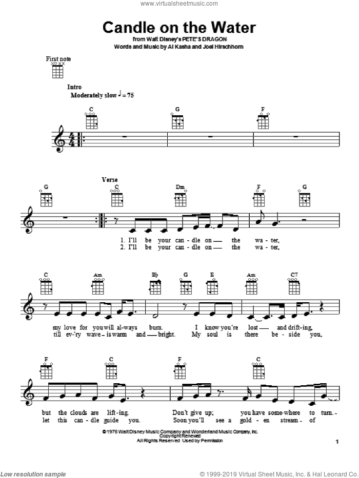 Candle On The Water (from Pete's Dragon) sheet music for ukulele by Helen Reddy, Al Kasha and Joel Hirschhorn, wedding score, intermediate skill level