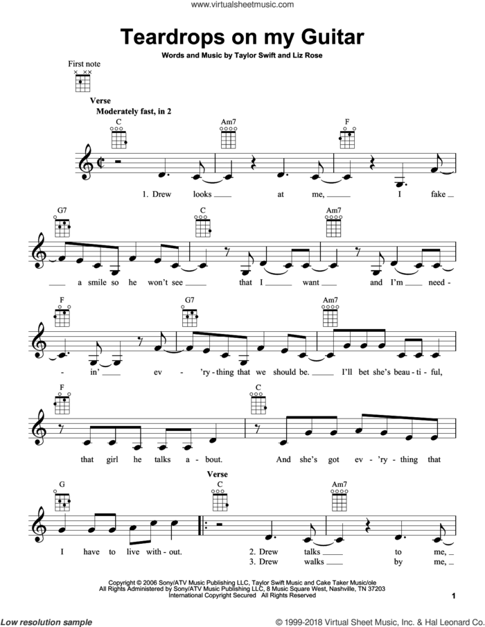 Teardrops On My Guitar sheet music for ukulele by Taylor Swift and Liz Rose, intermediate skill level