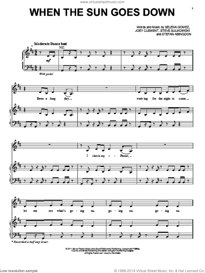 When The Sun Goes Down sheet music for voice, piano or guitar by Selena Gomez, Joey Clement, Stefan Abingdon and Steve Sulikowski, intermediate skill level