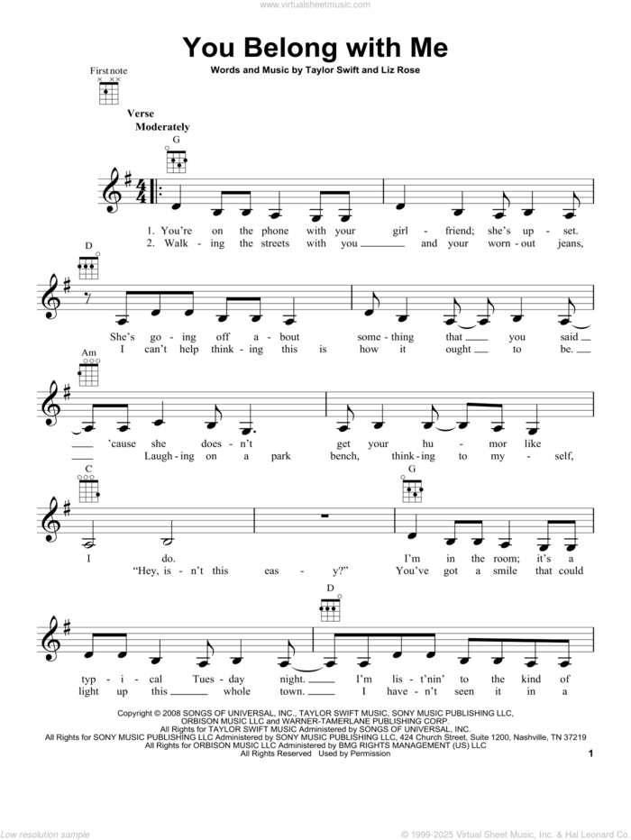 You Belong With Me sheet music for ukulele by Taylor Swift and Liz Rose, intermediate skill level