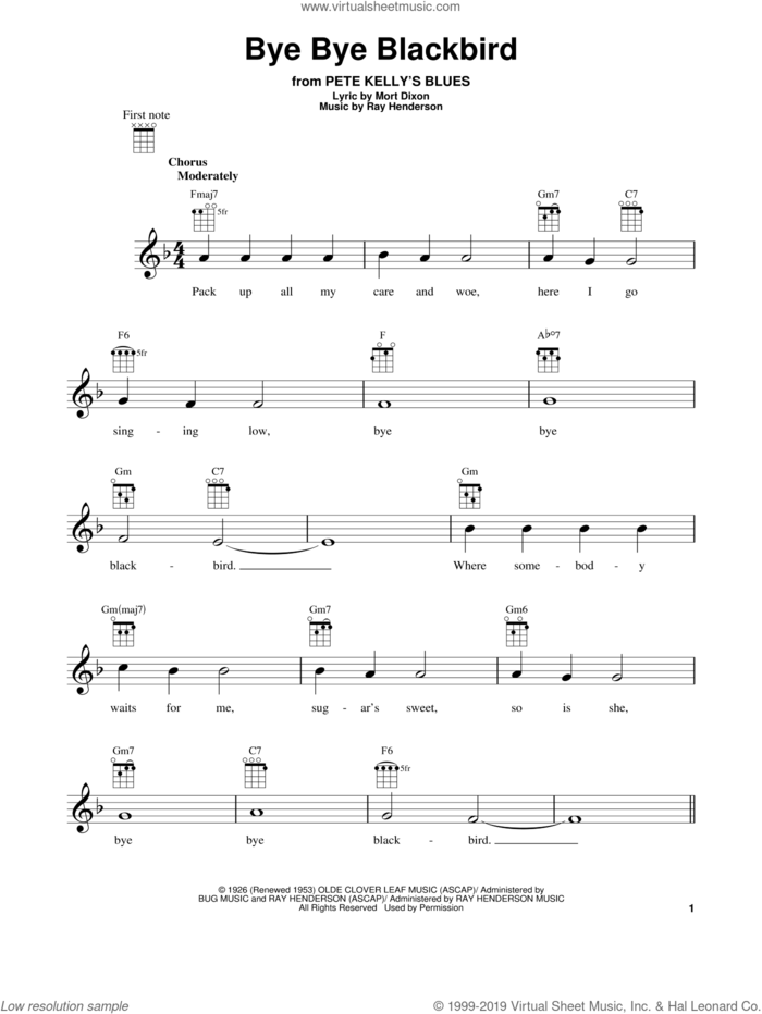 Bye Bye Blackbird sheet music for ukulele by Mort Dixon and Ray Henderson, intermediate skill level