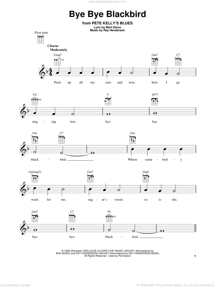 Bye Bye Blackbird sheet music for ukulele by Mort Dixon and Ray Henderson, intermediate skill level