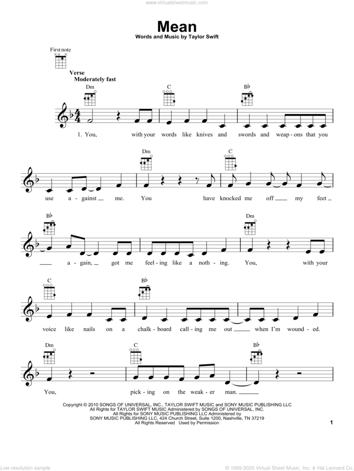 Mean sheet music for ukulele by Taylor Swift, intermediate skill level