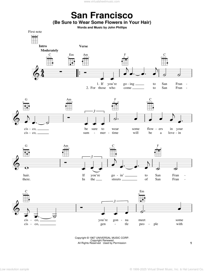 San Francisco (Be Sure To Wear Some Flowers In Your Hair) sheet music for ukulele by Scott McKenzie and John Phillips, intermediate skill level