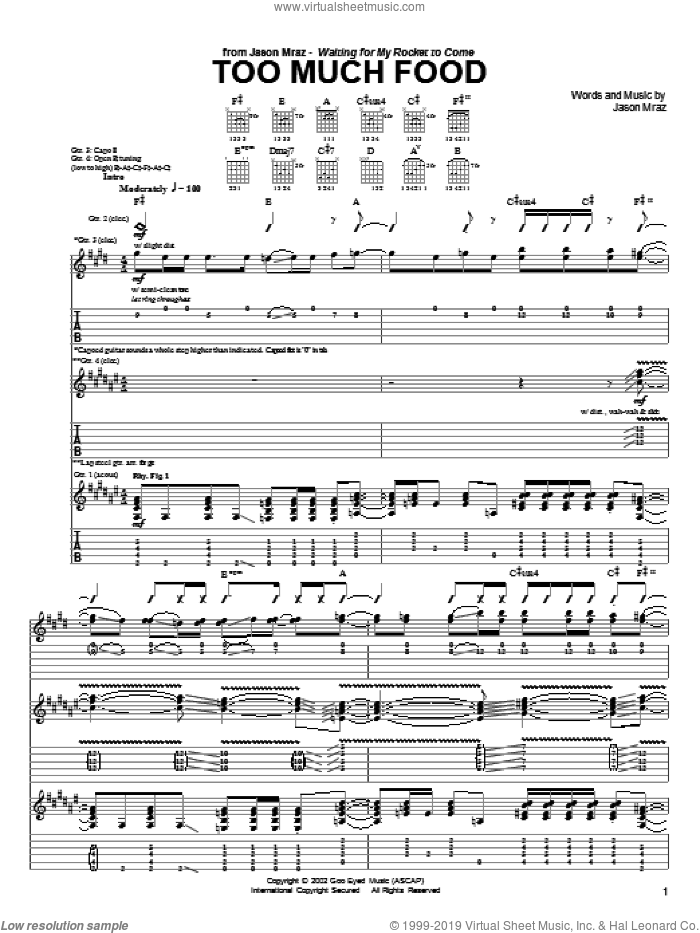 Too Much Food sheet music for guitar (tablature) by Jason Mraz, intermediate skill level