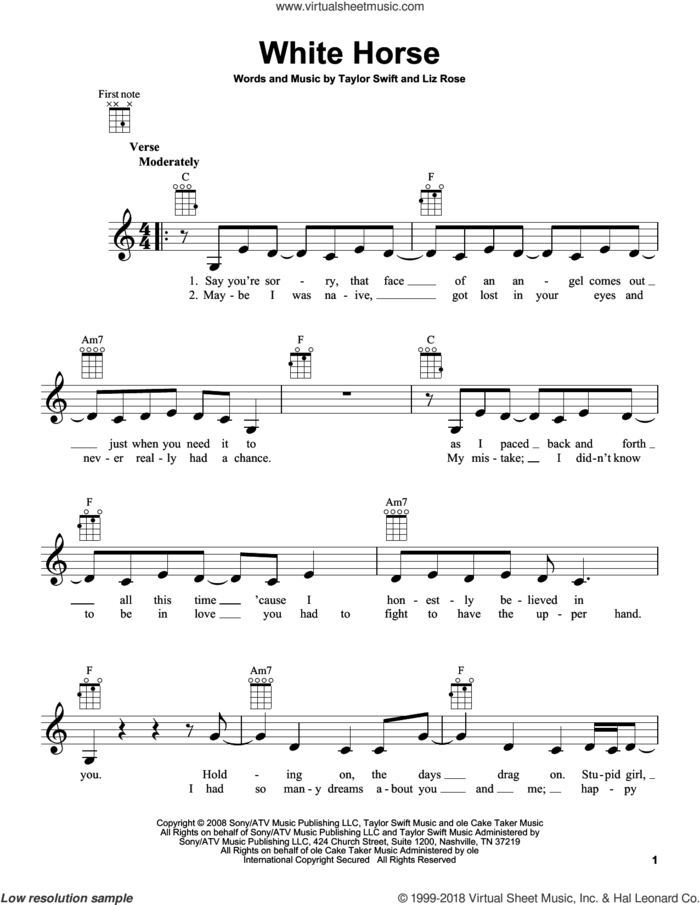 White Horse sheet music for ukulele by Taylor Swift and Liz Rose, intermediate skill level