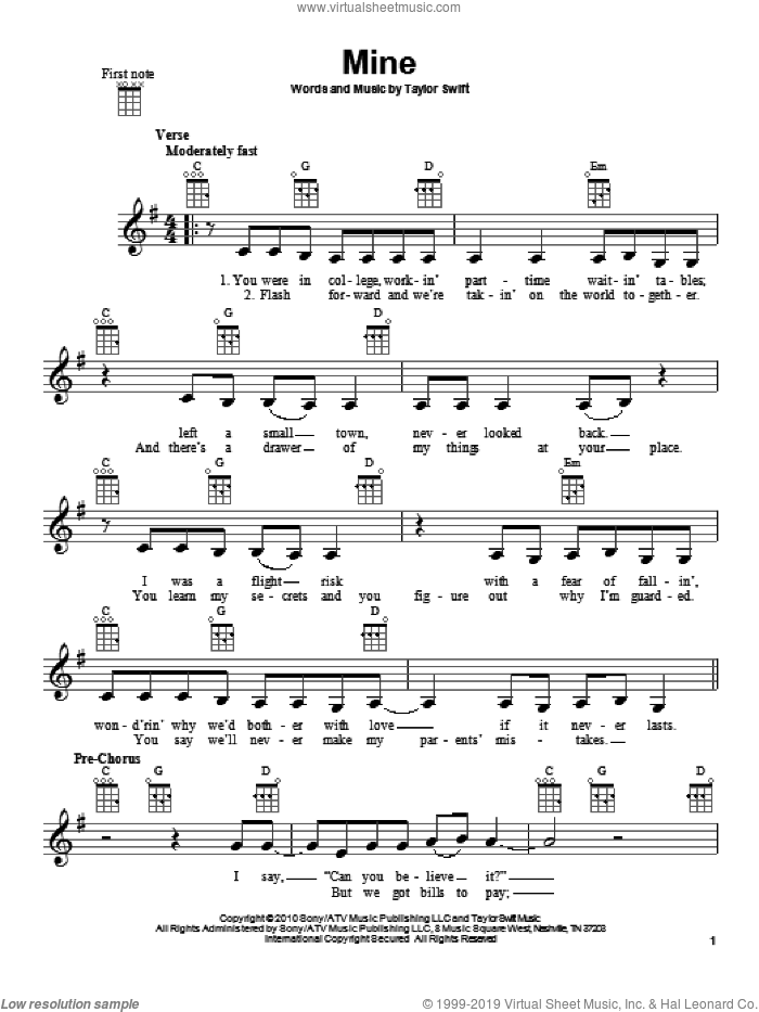 Mine sheet music for ukulele by Taylor Swift, intermediate skill level