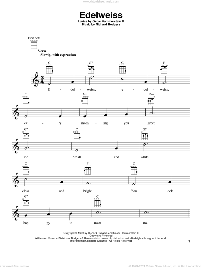 Edelweiss (from The Sound of Music) sheet music for ukulele by Rodgers & Hammerstein, The Sound Of Music (Musical), Oscar II Hammerstein and Richard Rodgers, intermediate skill level
