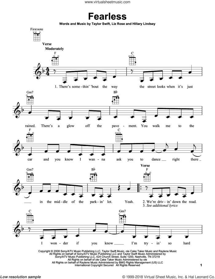 Fearless sheet music for ukulele by Taylor Swift, Hillary Lindsey and Liz Rose, intermediate skill level