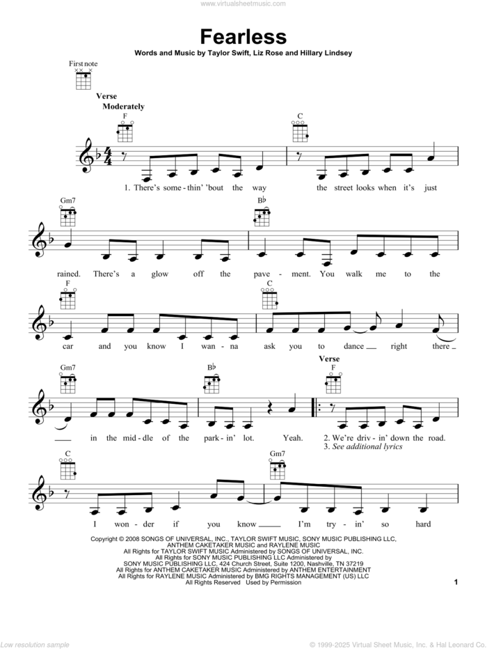 Fearless sheet music for ukulele by Taylor Swift, Hillary Lindsey and Liz Rose, intermediate skill level