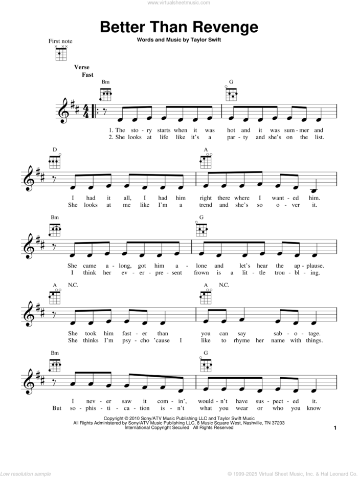 Better Than Revenge sheet music for ukulele by Taylor Swift, intermediate skill level