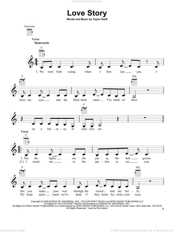 Love Story sheet music for ukulele by Taylor Swift, intermediate skill level