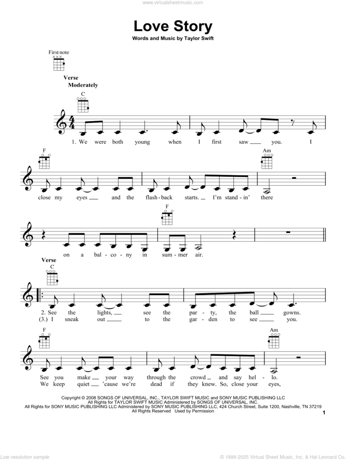 Love Story sheet music for ukulele by Taylor Swift, intermediate skill level