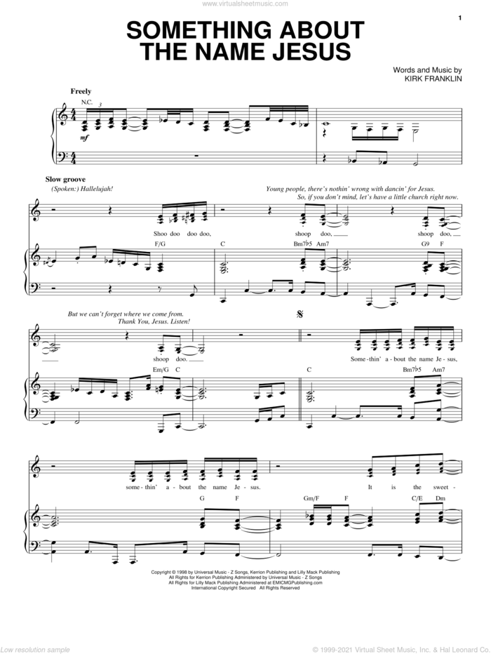 Something About The Name Jesus sheet music for voice, piano or guitar by Kirk Franklin, intermediate skill level