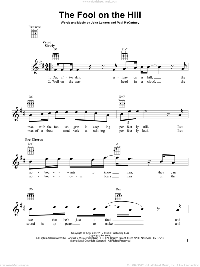 The Fool On The Hill sheet music for ukulele by The Beatles, John Lennon and Paul McCartney, intermediate skill level