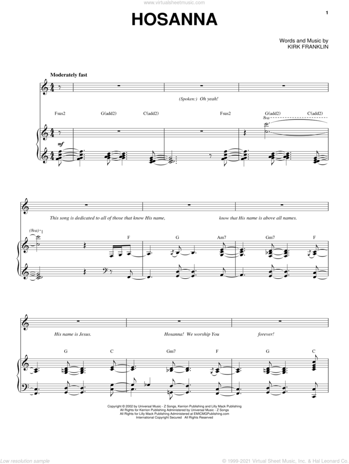 Hosanna sheet music for voice, piano or guitar by Kirk Franklin, intermediate skill level