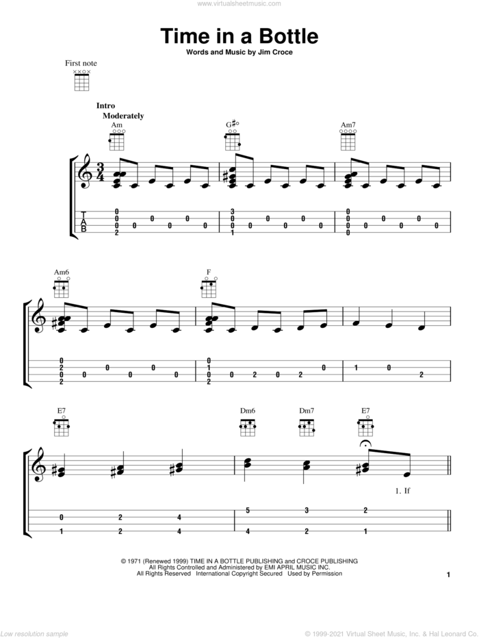 Time In A Bottle sheet music for ukulele by Jim Croce, intermediate skill level