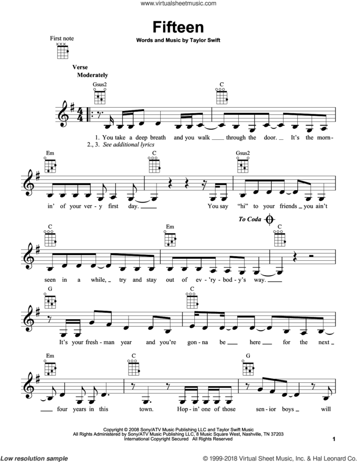 Fifteen sheet music for ukulele by Taylor Swift, intermediate skill level