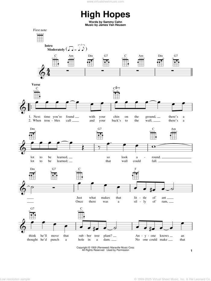 High Hopes sheet music for ukulele by Sammy Cahn and Jimmy van Heusen, intermediate skill level