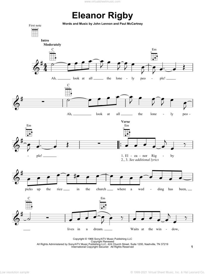 Eleanor Rigby sheet music for ukulele by The Beatles, John Lennon and Paul McCartney, intermediate skill level