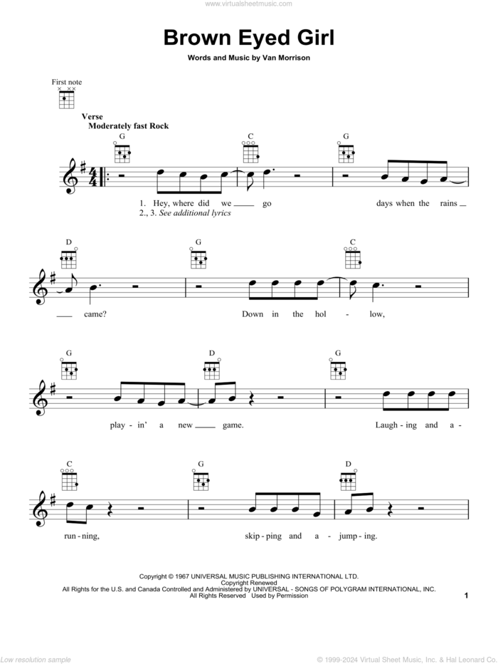 Brown Eyed Girl sheet music for ukulele by Van Morrison, intermediate skill level