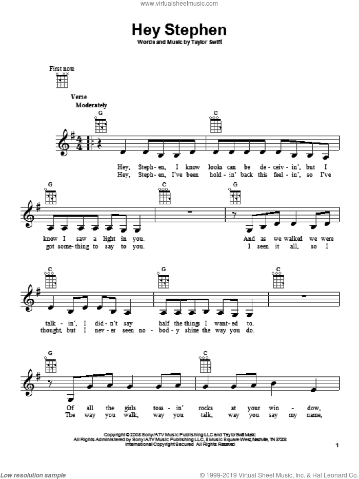 Hey Stephen sheet music for ukulele by Taylor Swift, intermediate skill level