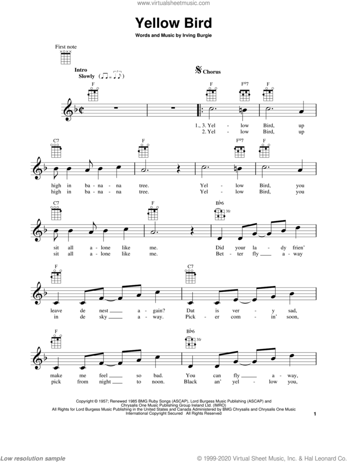 Yellow Bird sheet music for ukulele by Irving Burgie, intermediate skill level