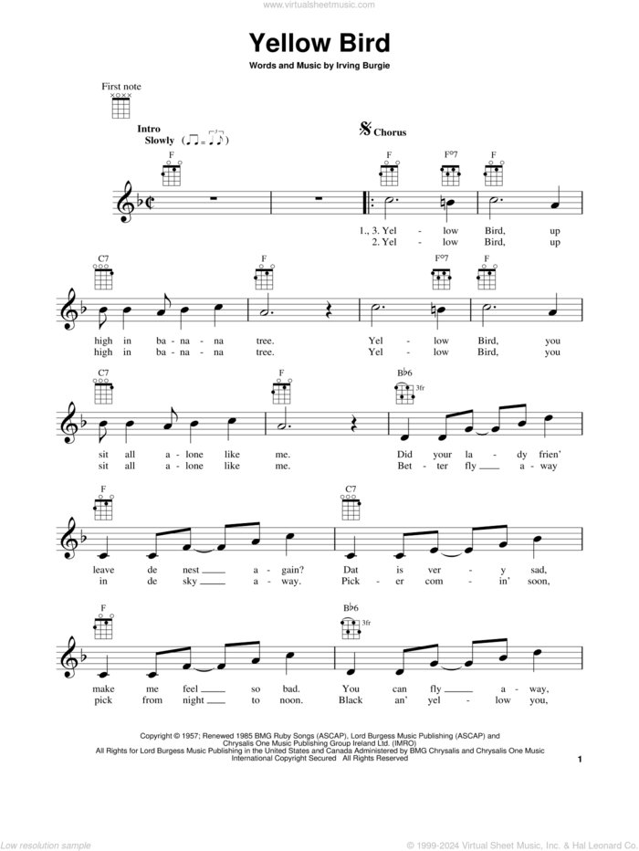 Yellow Bird sheet music for ukulele by Irving Burgie, intermediate skill level