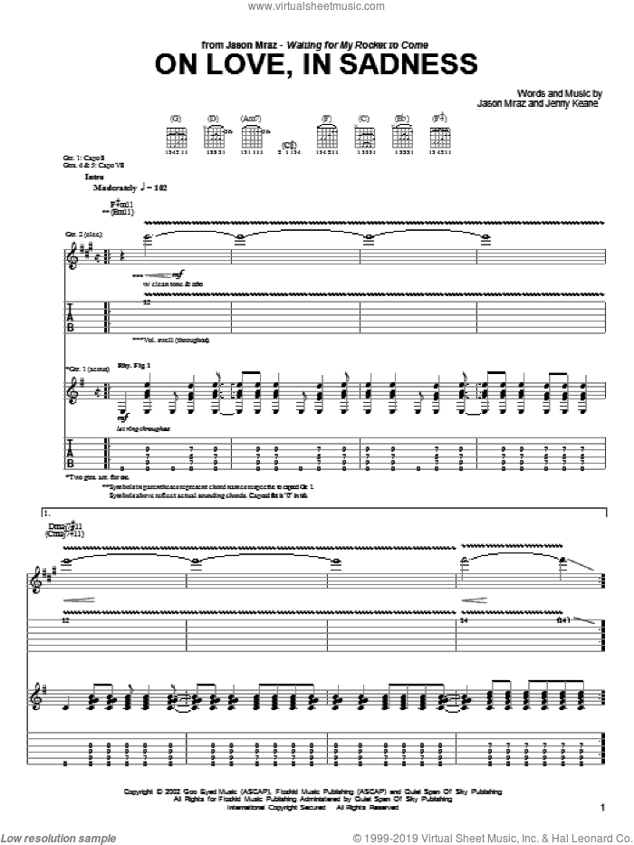 On Love, In Sadness sheet music for guitar (tablature) by Jason Mraz and Jenny Keane, intermediate skill level