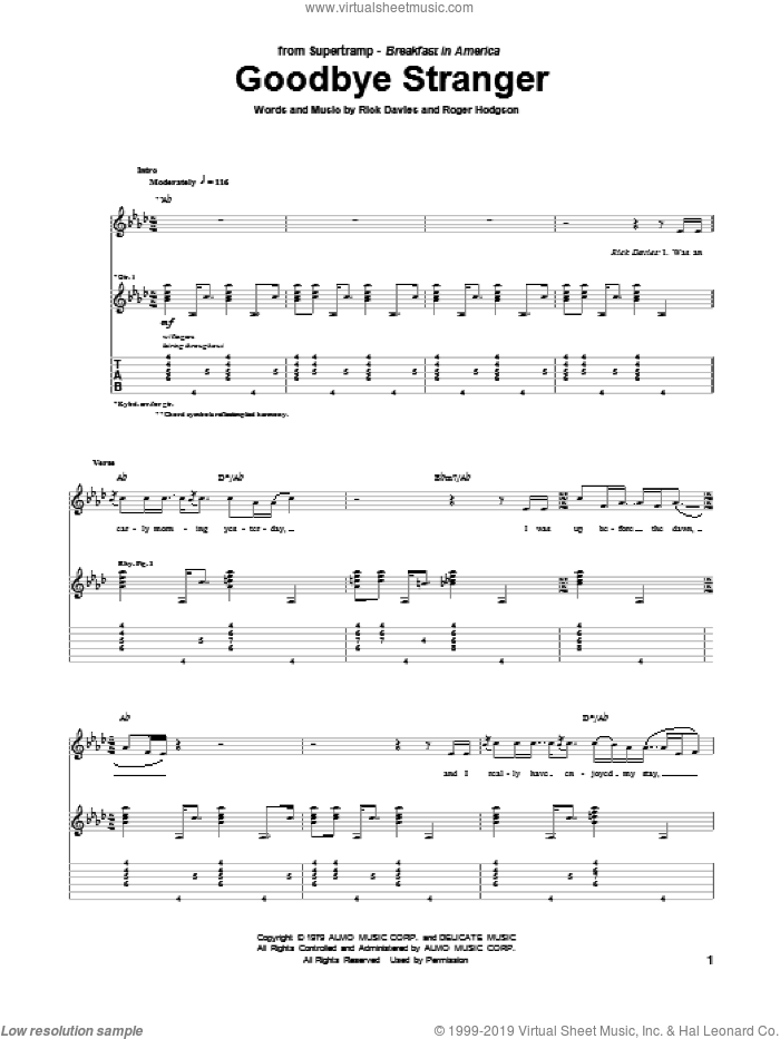 Goodbye Stranger sheet music for guitar (tablature) by Supertramp, Rick Davies and Roger Hodgson, intermediate skill level