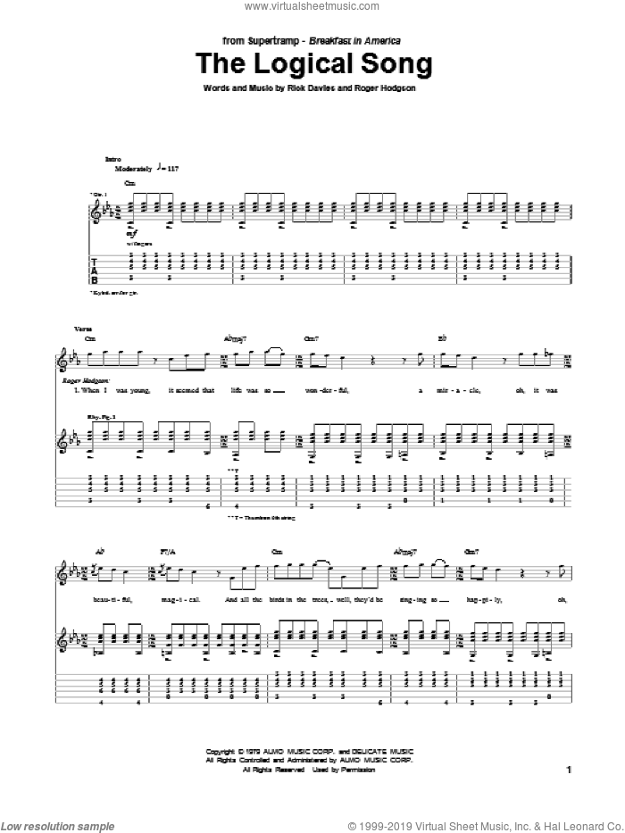 The Logical Song sheet music for guitar (tablature) by Supertramp, Rick Davies and Roger Hodgson, intermediate skill level